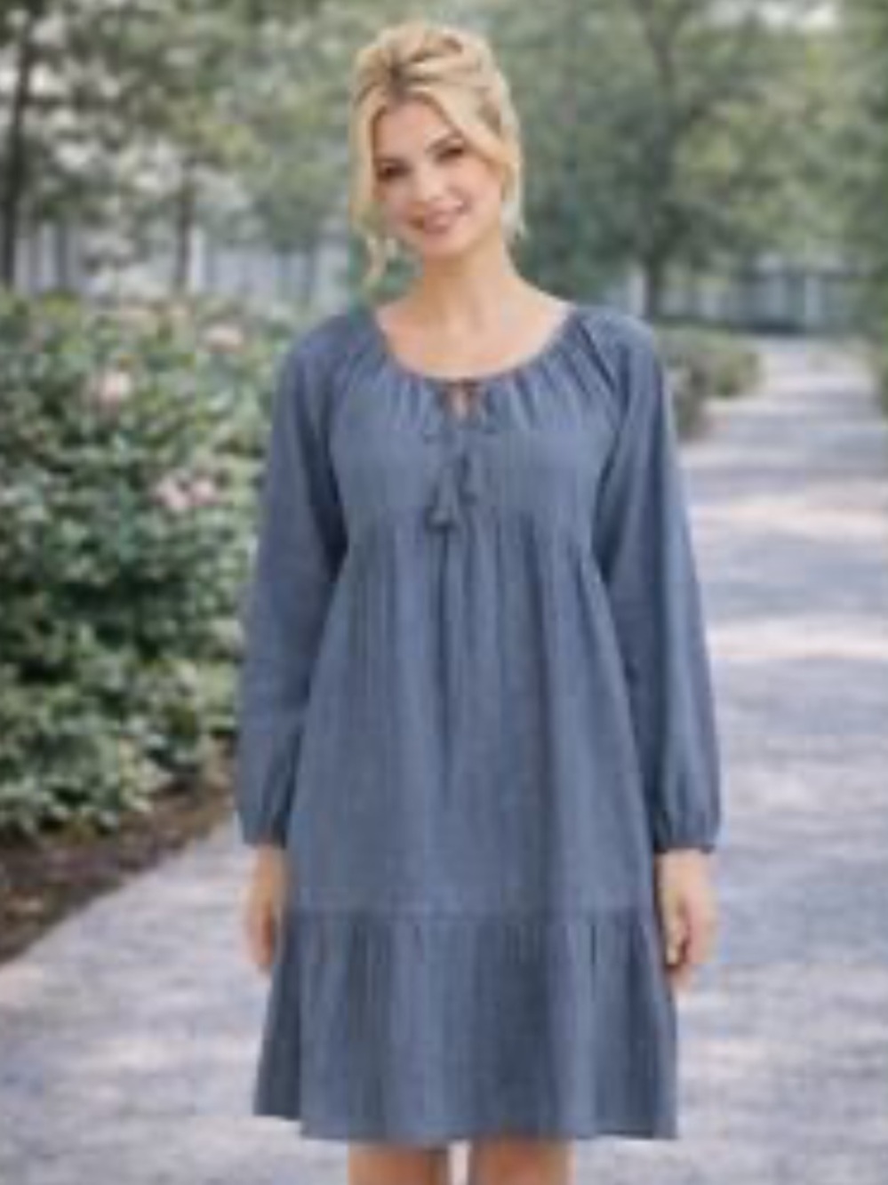 Time and Tru Blue 100% cotton Chambray Tiered Peasant Mini Dress Boho XL 16-18